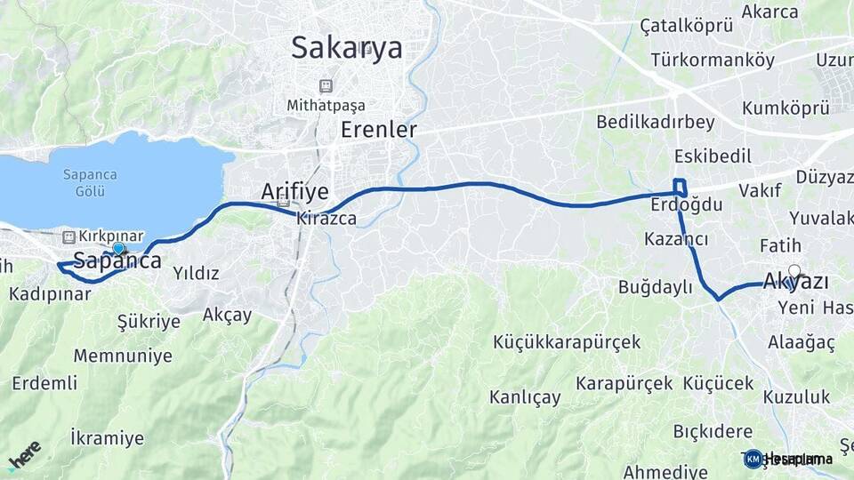 Sakarya Sapanca Akyazı Arası Kaç Km - Yol Haritası