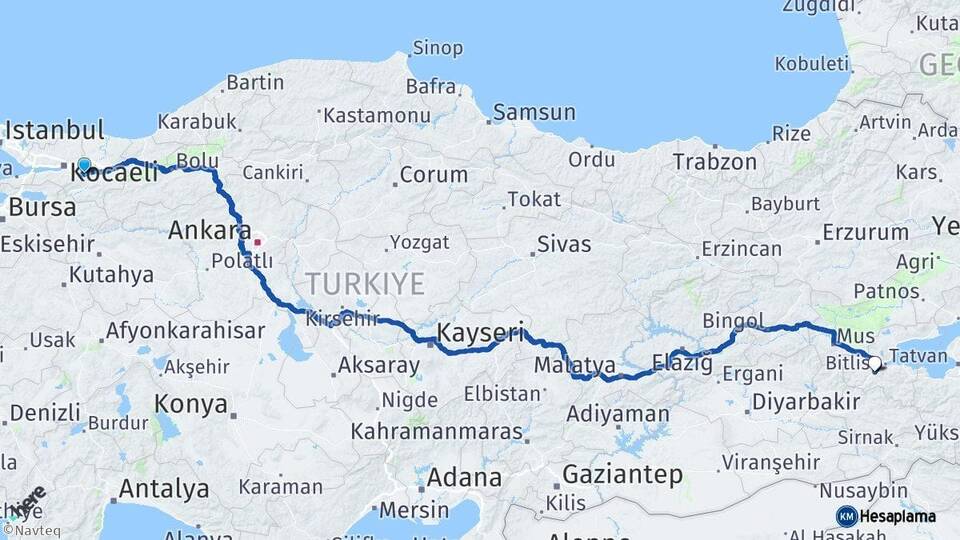 Sakarya Sapanca Bitlis Arası Kaç Km - Yol Haritası