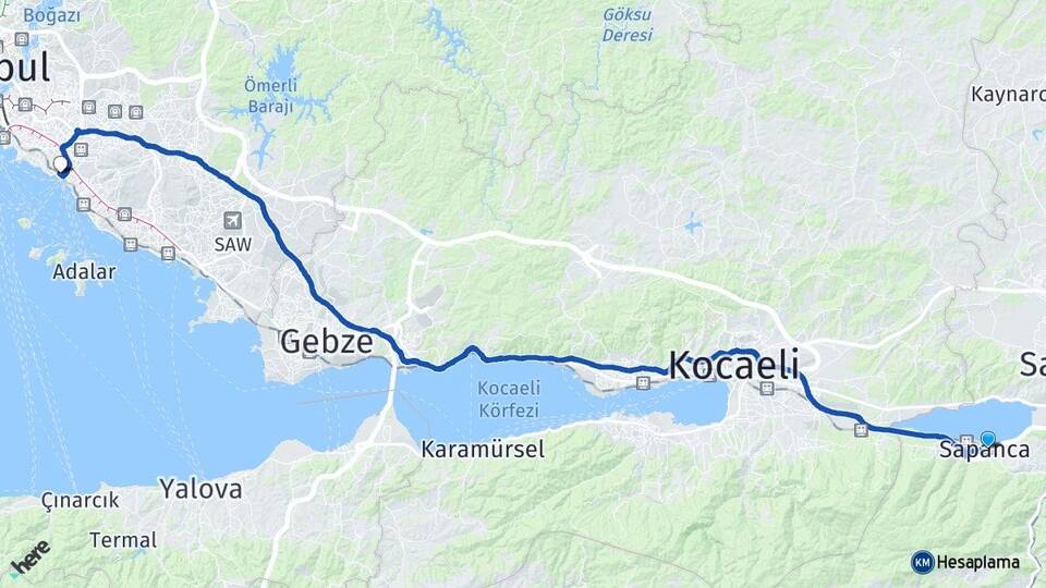 Sakarya Sapanca Bostancı Kadıköy İstanbul Arası Kaç Km - Yol Haritası