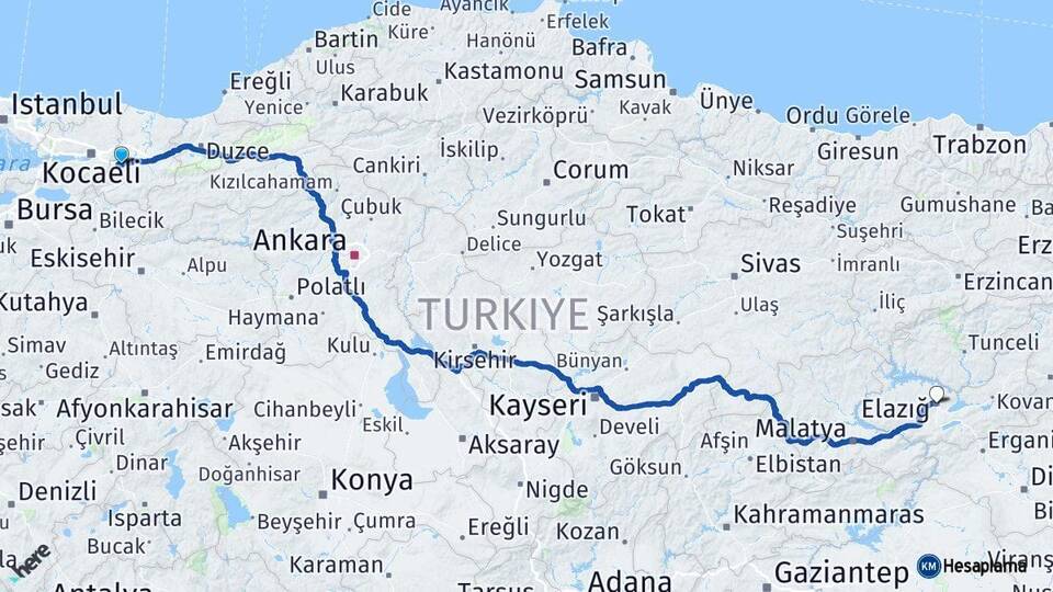 Sakarya Sapanca Elazığ Arası Kaç Km - Yol Haritası