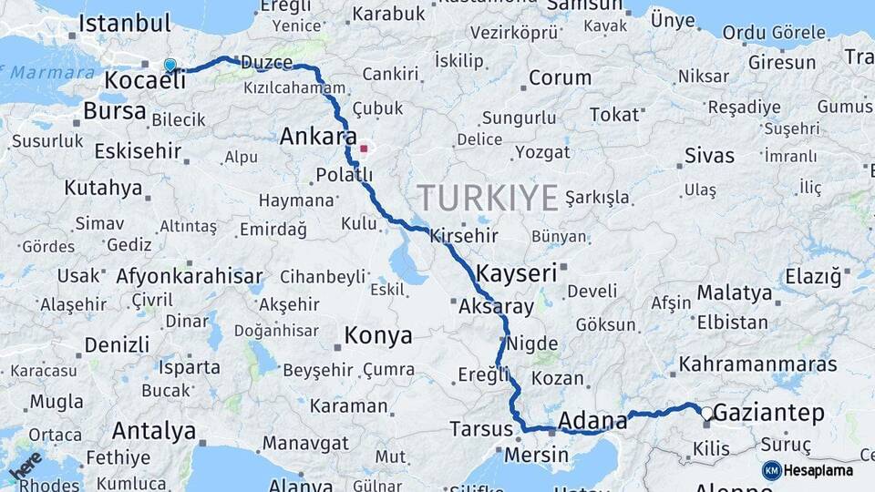 Sakarya Sapanca Gaziantep Arası Kaç Km - Yol Haritası