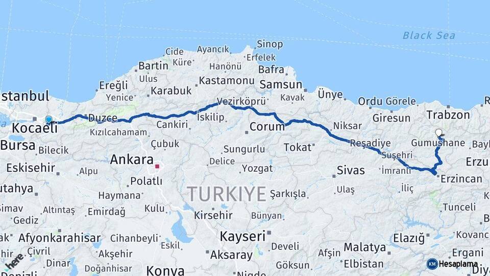 Sakarya Sapanca Gümüşhane Arası Kaç Km - Yol Haritası