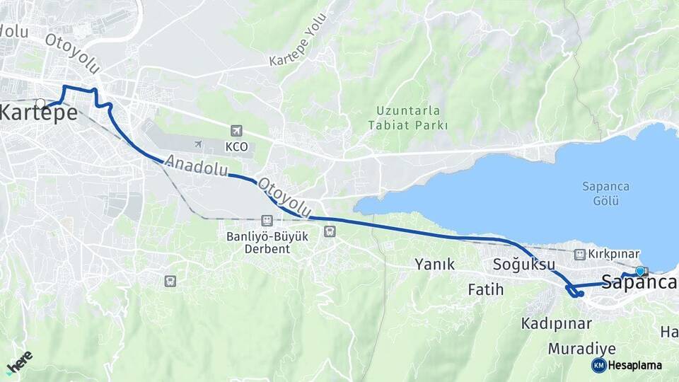 Sakarya Sapanca Kartepe Kocaeli Arası Kaç Km - Yol Haritası