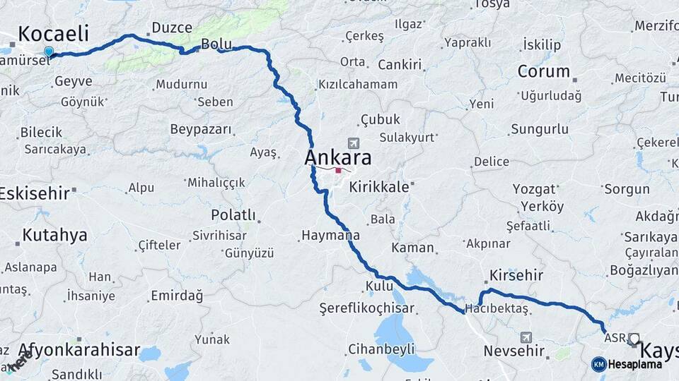 Sakarya Sapanca Kayseri Arası Kaç Km - Yol Haritası