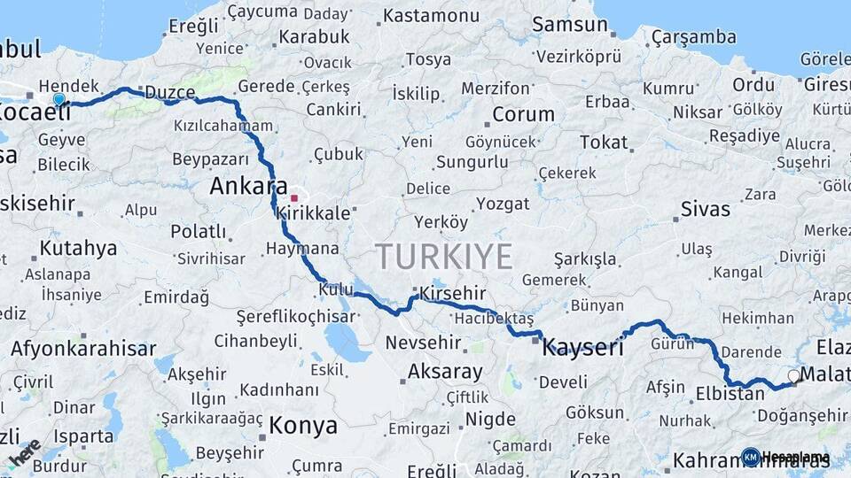 Sakarya Sapanca Malatya Arası Kaç Km - Yol Haritası