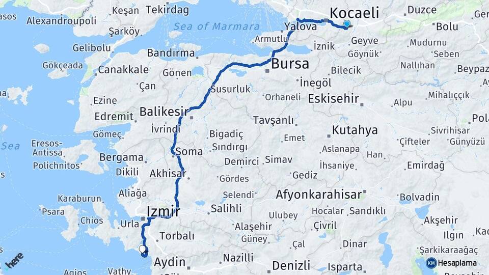 Sakarya Sapanca Özdere Cumhuriyet Menderes İzmir Arası Kaç Km - Yol Haritası
