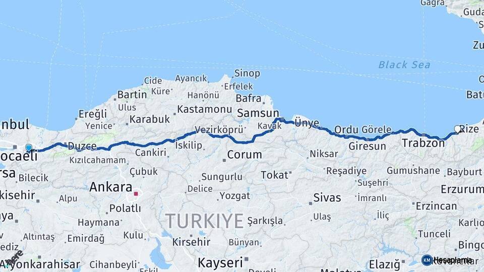 Sakarya Sapanca Rize Arası Kaç Km - Yol Haritası