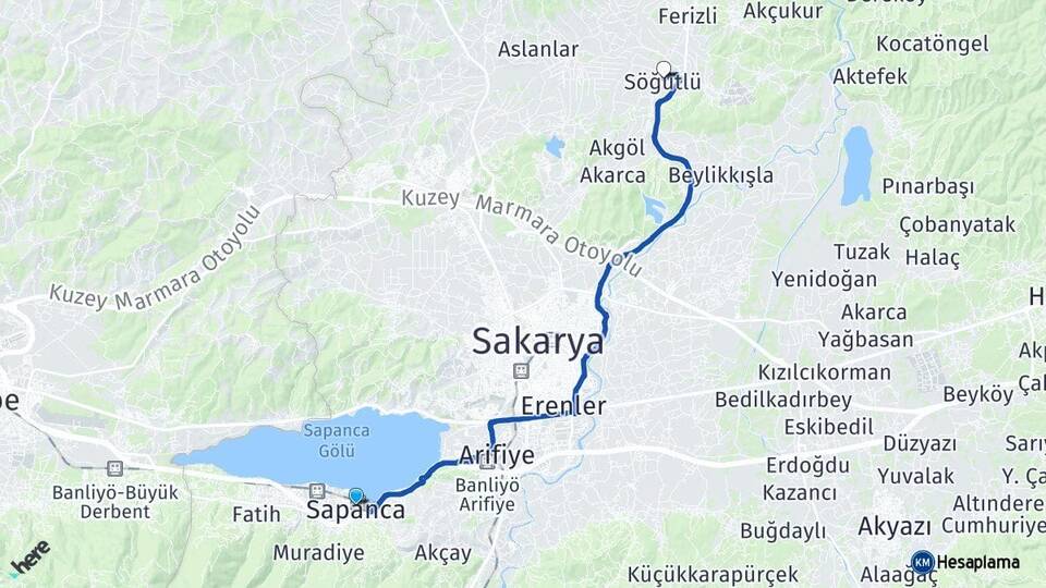 Sakarya Sapanca Söğütlü Arası Kaç Km - Yol Haritası