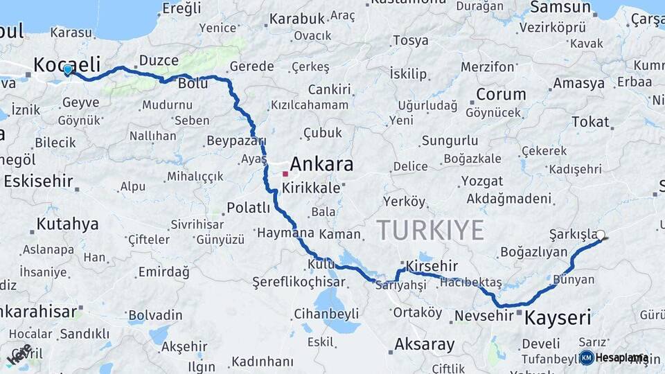 Sakarya Şarkışla Sivas Arası Kaç Km - Yol Haritası
