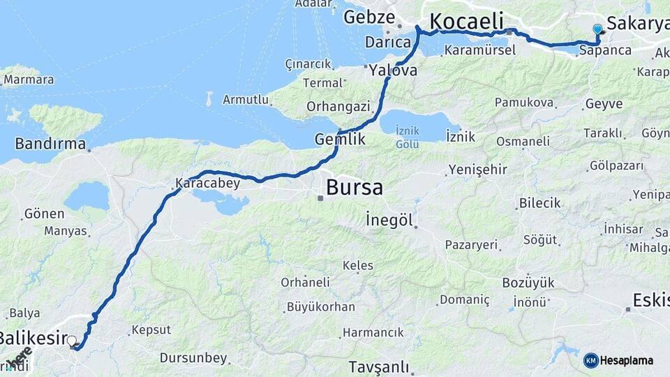 Sakarya Serdivan Balıkesir Arası Kaç Km - Yol Haritası