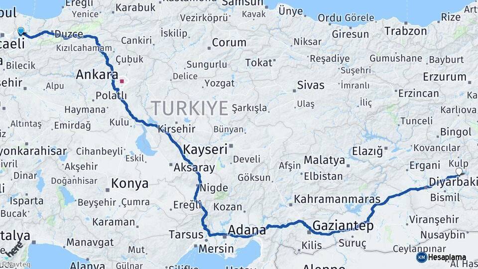Sakarya Silvan Diyarbakır Arası Kaç Km - Yol Haritası