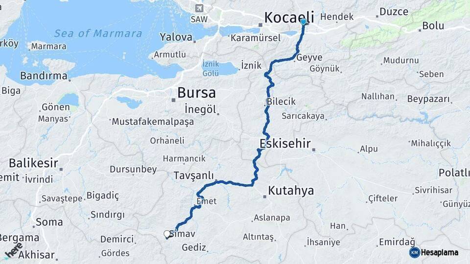 Sakarya Simav Kütahya Arası Kaç Km - Yol Haritası