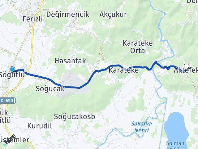 Sakarya Söğütlü Aktefek Hendek Arası Kaç Km - Yol Haritası