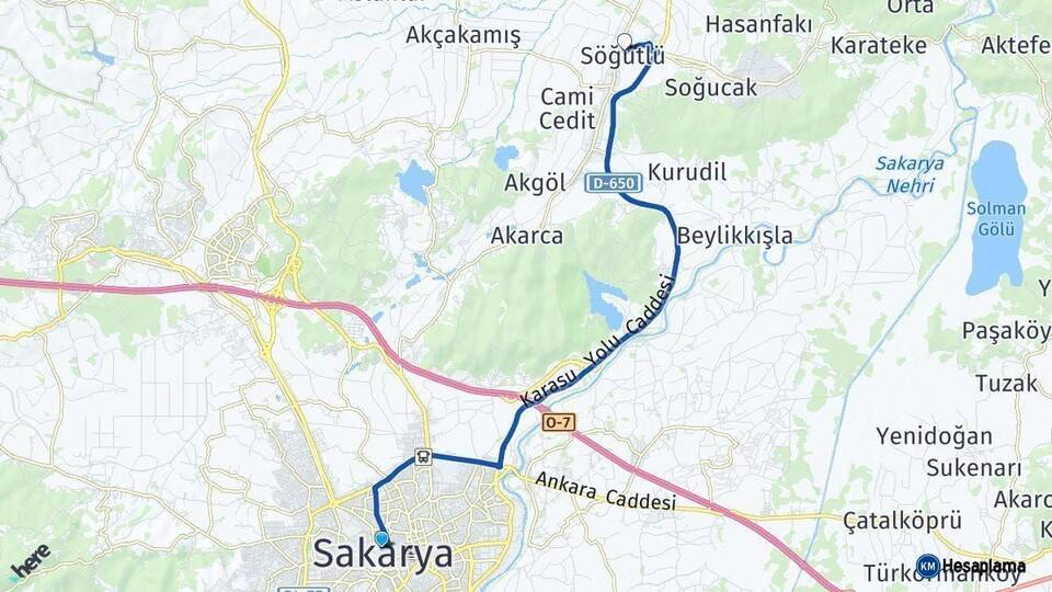 Sakarya Söğütlü Arası Kaç Km - Yol Haritası