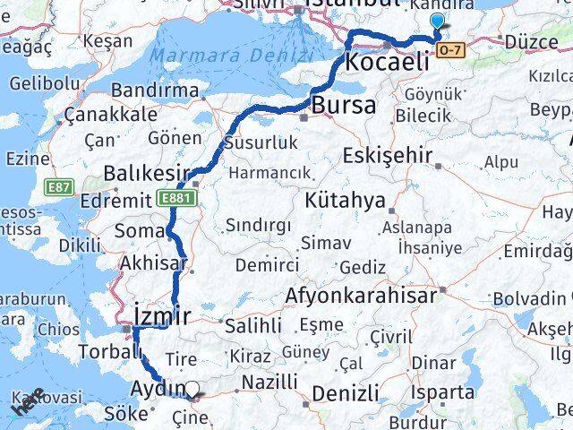 Sakarya Söğütlü Aydın Arası Kaç Km - Yol Haritası