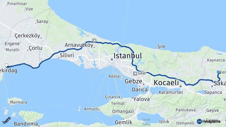 Sakarya Söğütlü Tekirdağ Arası Kaç Km - Yol Haritası