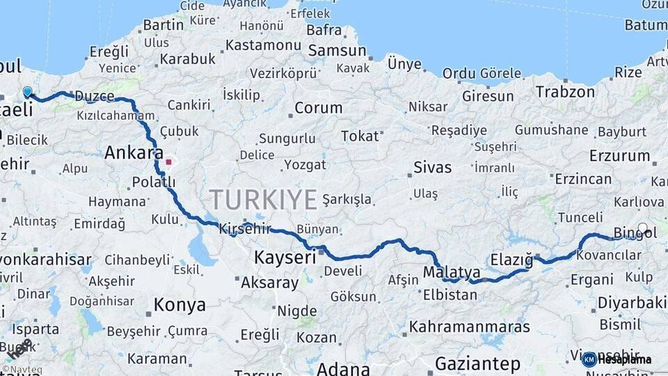 Sakarya Solhan Bingöl Arası Kaç Km - Yol Haritası