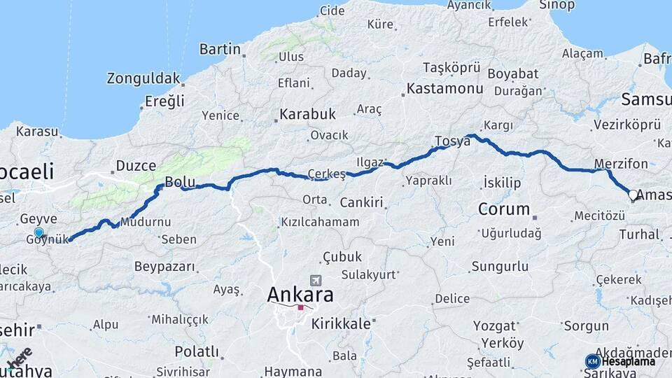 Sakarya Taraklı Amasya Arası Kaç Km - Yol Haritası
