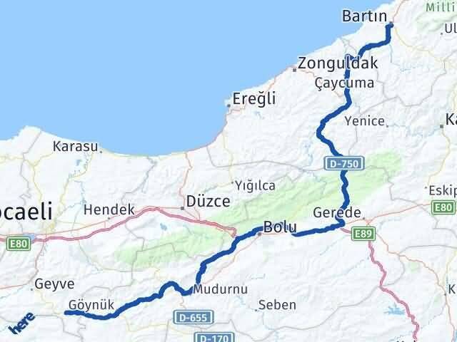 Sakarya Taraklı Bartın Arası Kaç Km - Yol Haritası