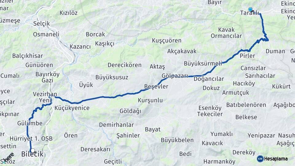 Sakarya Taraklı Bilecik Arası Kaç Km - Yol Haritası