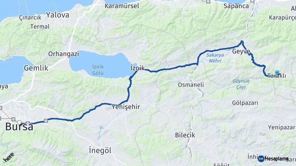 Sakarya Taraklı Bursa Arası Kaç Km - Yol Haritası