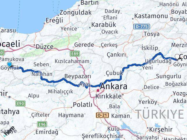 Sakarya Taraklı Çorum Arası Kaç Km - Yol Haritası