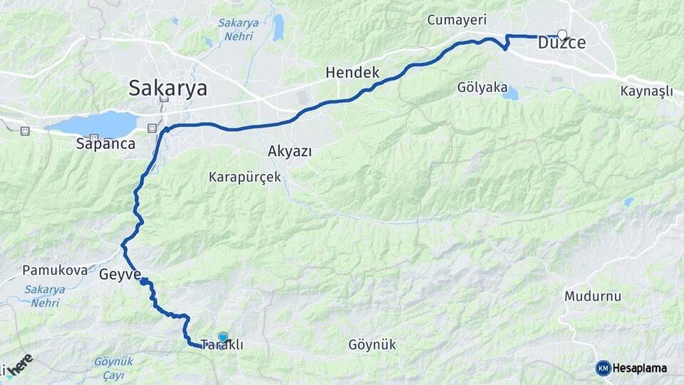 Sakarya Taraklı Düzce Arası Kaç Km - Yol Haritası