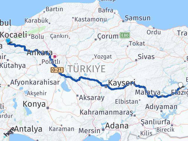 Sakarya Taraklı Elazığ Arası Kaç Km - Yol Haritası