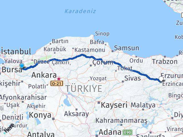 Sakarya Taraklı Erzincan Arası Kaç Km - Yol Haritası