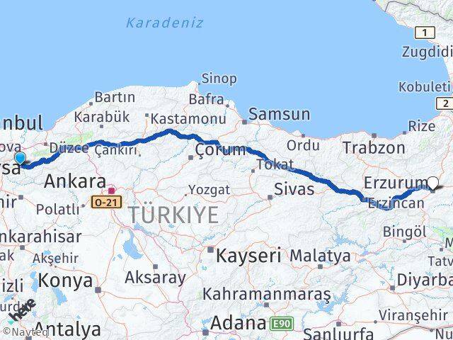 Sakarya Taraklı Erzurum Arası Kaç Km - Yol Haritası