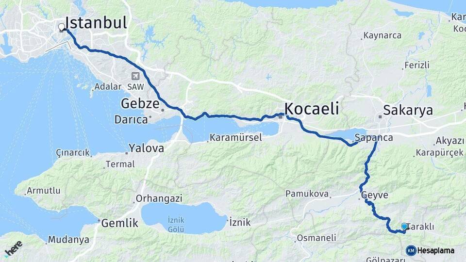 Sakarya Taraklı İstanbul Arası Kaç Km - Yol Haritası