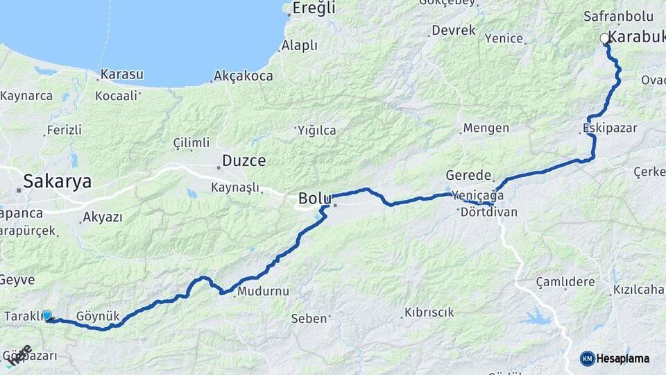 Sakarya Taraklı Karabük Arası Kaç Km - Yol Haritası