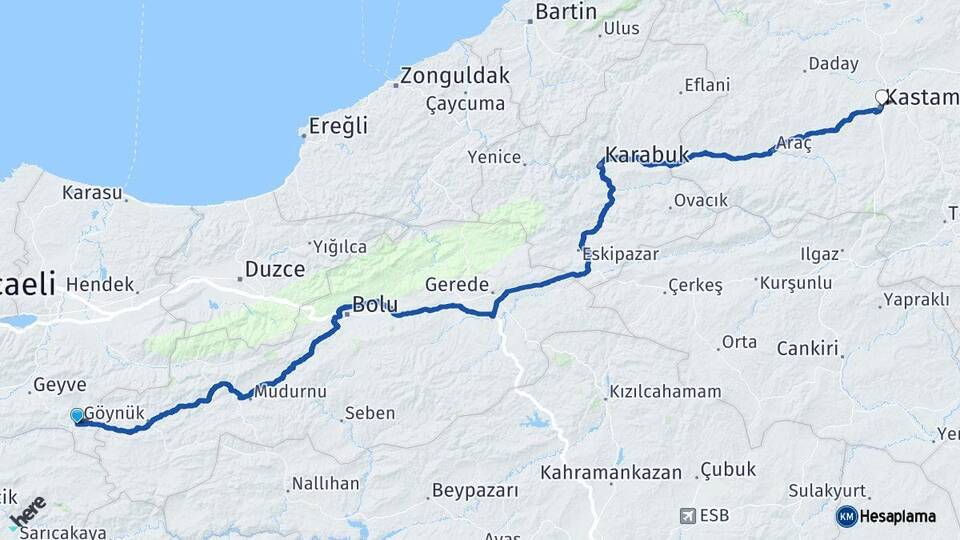 Sakarya Taraklı Kastamonu Arası Kaç Km - Yol Haritası