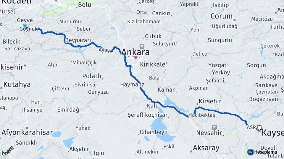 Sakarya Taraklı Kayseri Arası Kaç Km - Yol Haritası