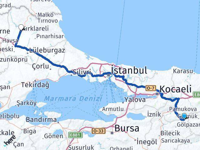 Sakarya Taraklı Kırklareli Arası Kaç Km - Yol Haritası