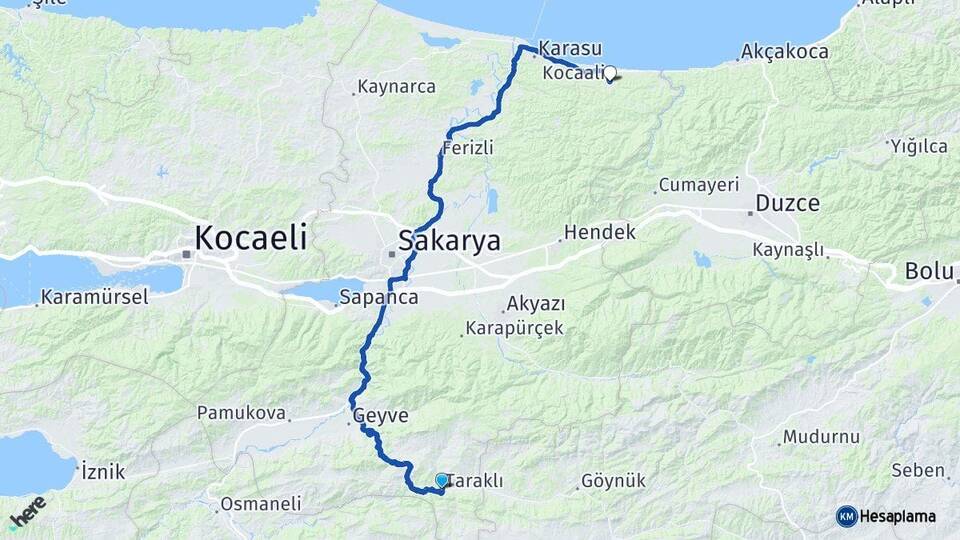 Sakarya Taraklı Kocaali Arası Kaç Km - Yol Haritası