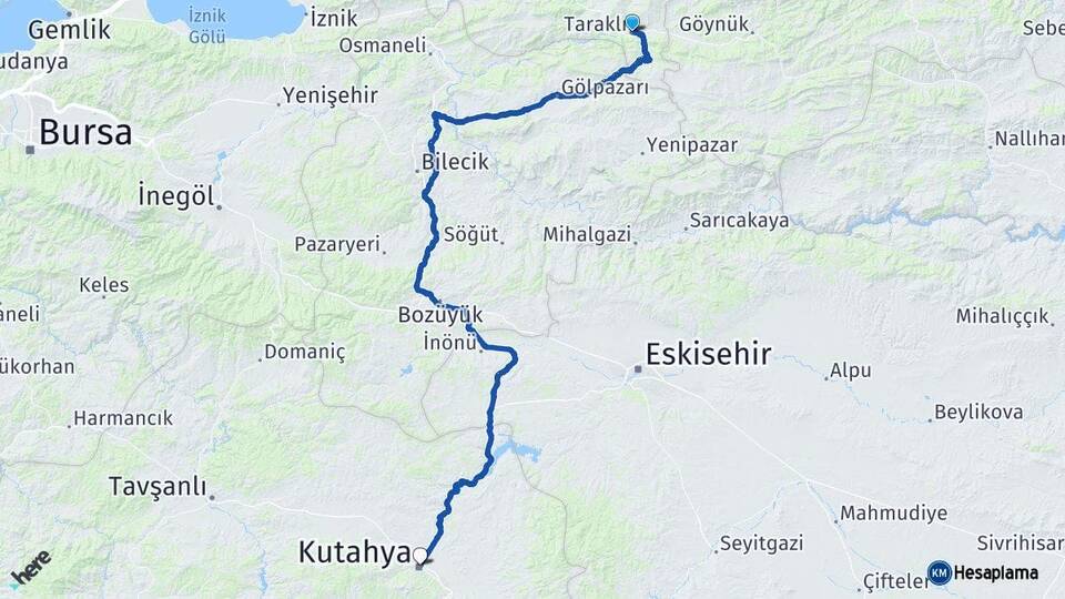Sakarya Taraklı Kütahya Arası Kaç Km - Yol Haritası