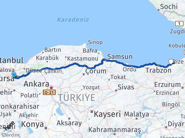 Sakarya Taraklı Rize Arası Kaç Km - Yol Haritası