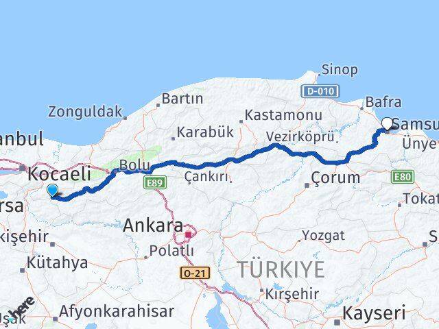 Sakarya Taraklı Samsun Arası Kaç Km - Yol Haritası