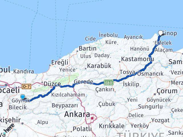 Sakarya Taraklı Sinop Arası Kaç Km - Yol Haritası
