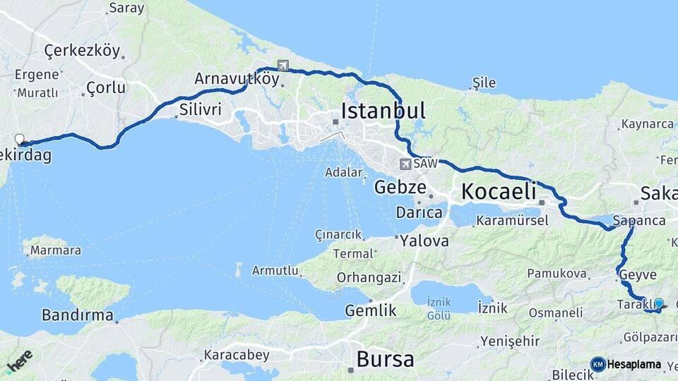 Sakarya Taraklı Tekirdağ Arası Kaç Km - Yol Haritası