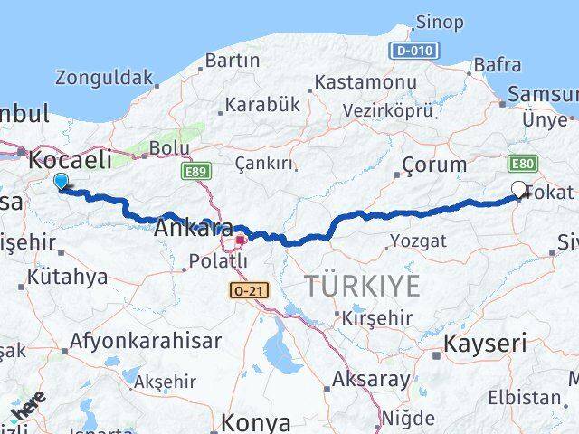 Sakarya Taraklı Tokat Arası Kaç Km - Yol Haritası