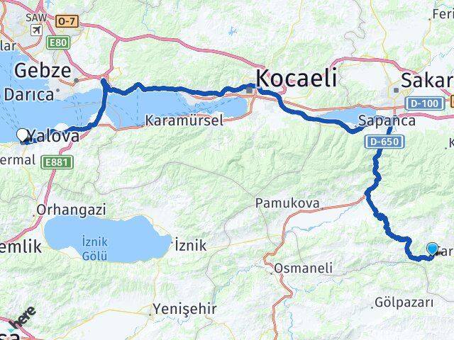 Sakarya Taraklı Yalova Arası Kaç Km - Yol Haritası