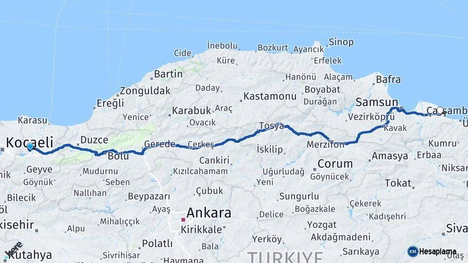 Sakarya Terme Samsun Arası Kaç Km - Yol Haritası