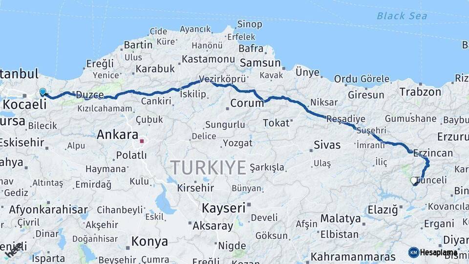 Sakarya Tunceli Arası Kaç Km - Yol Haritası