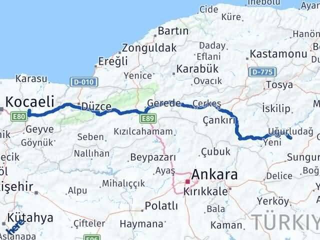 Sakarya Uğurludağ Çorum Arası Kaç Km - Yol Haritası