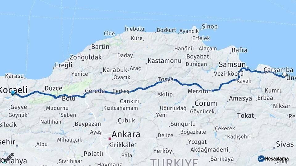 Sakarya Ünye Ordu Arası Kaç Km - Yol Haritası