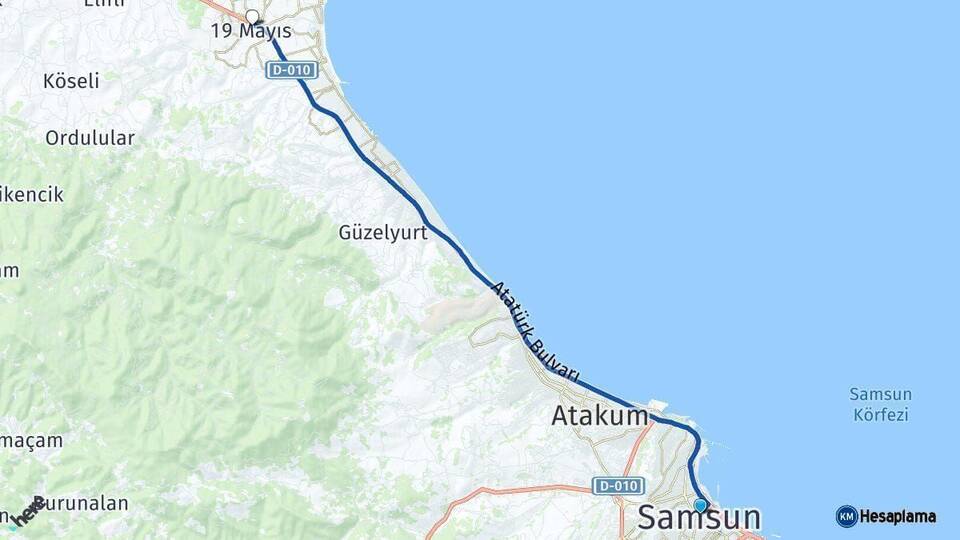 Samsun 19 Mayıs Arası Kaç Km - Yol Haritası