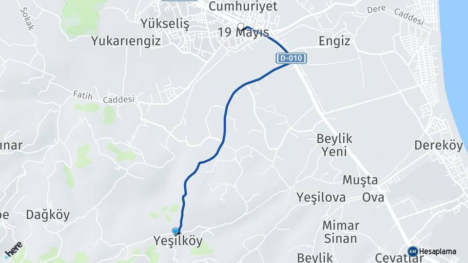 Yeşilköy 19 Mayıs Arası Kaç Km - Yol Tarifi
