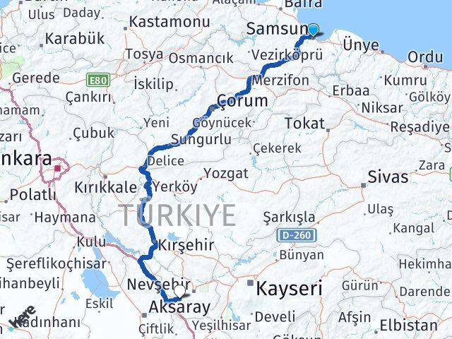 Samsun Acıgöl Nevşehir Arası Kaç Km - Yol Haritası